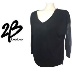 2B bebe black vneck faux leather patch sleeved hi/lo sweater size large